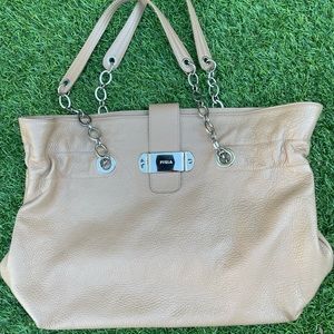 Furla beige leather tote with silver metallic chain and details